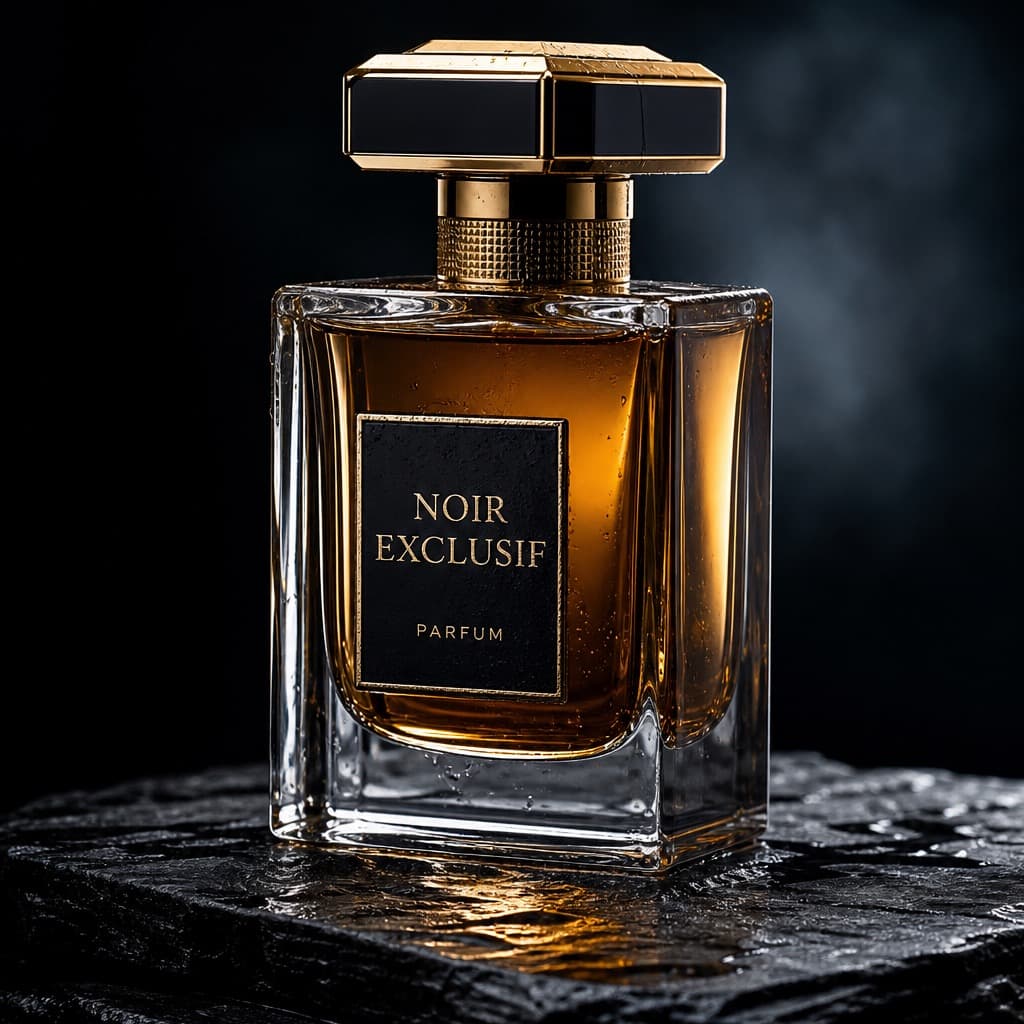 AI-generated image: a luxury perfume bottle on wet stone, studio product photography, dramatic rim light, dark moody background