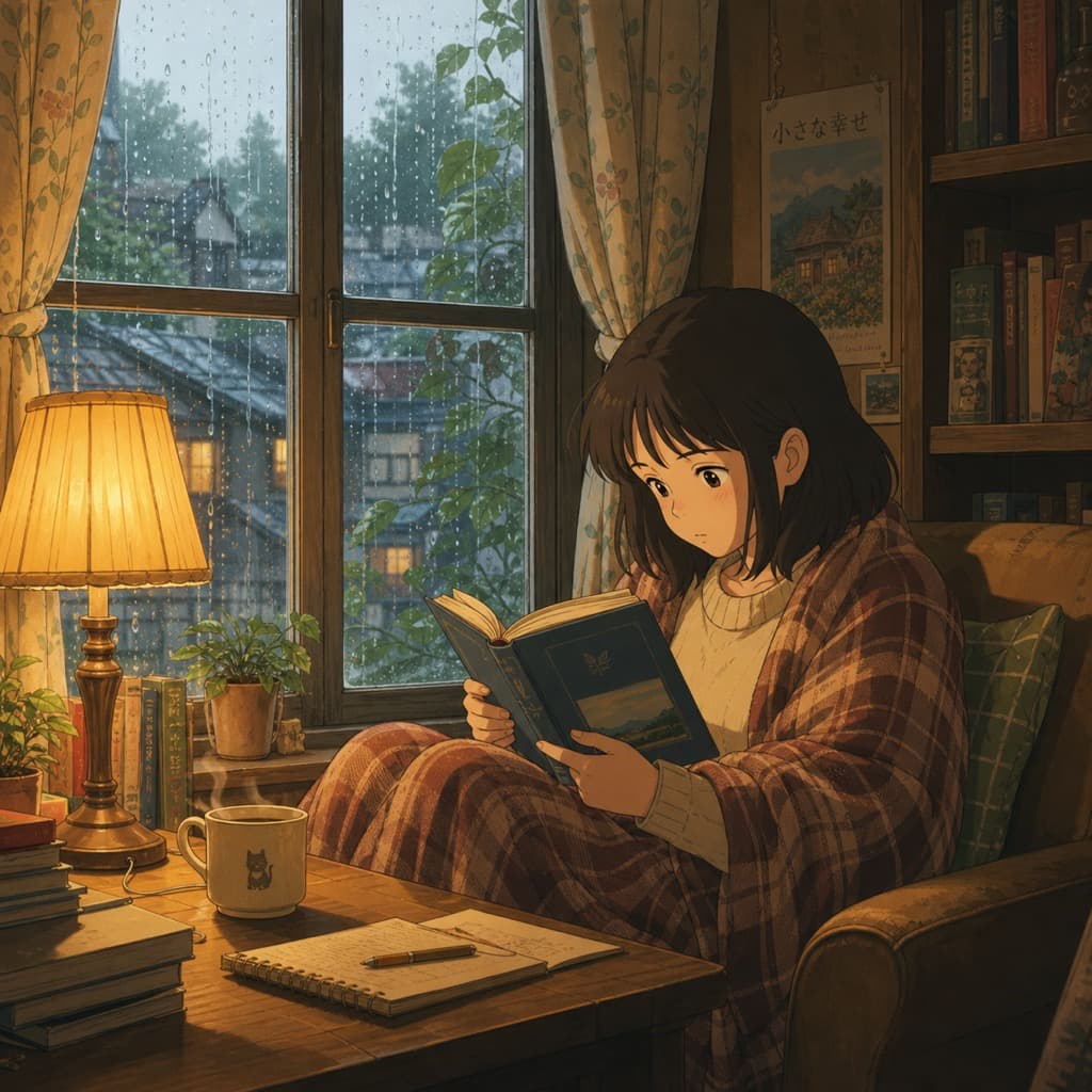 AI-generated image: cozy anime illustration of a girl reading by a rainy window, warm lamplight, Studio Ghibli style