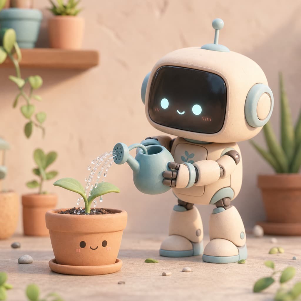 AI-generated image: cute 3D render of a tiny robot watering a plant, soft clay material, pastel colors, octane render