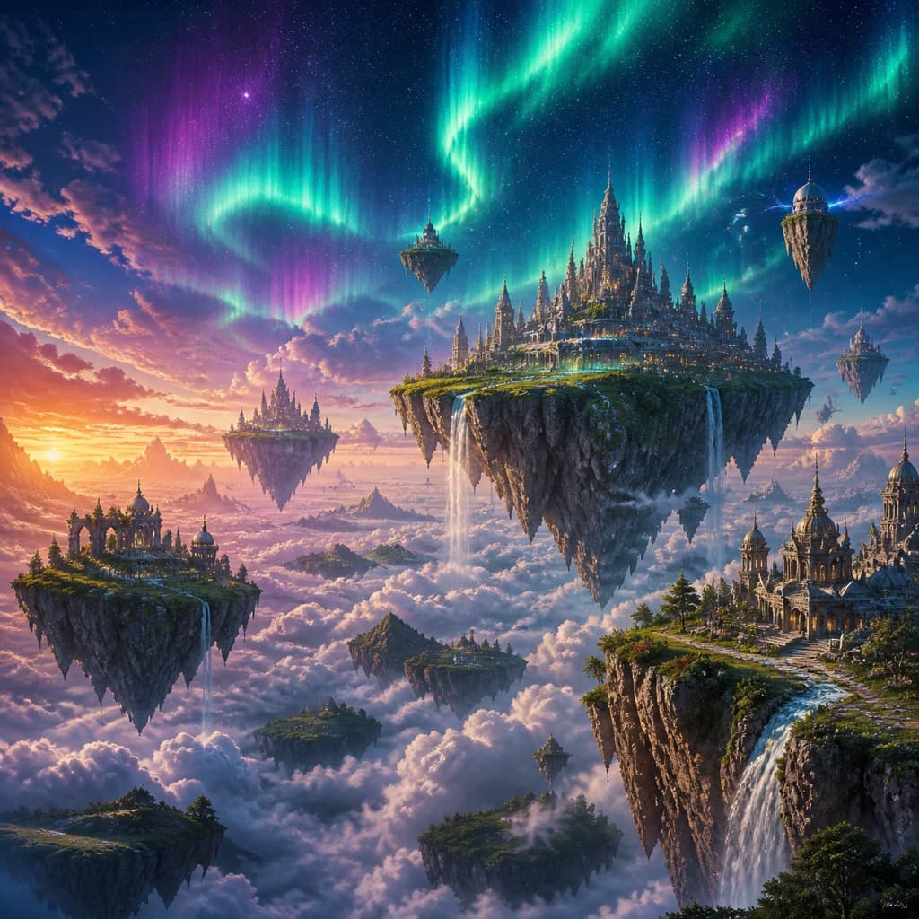AI-generated image: epic fantasy landscape, floating islands above a sea of clouds, aurora sky, highly detailed digital painting