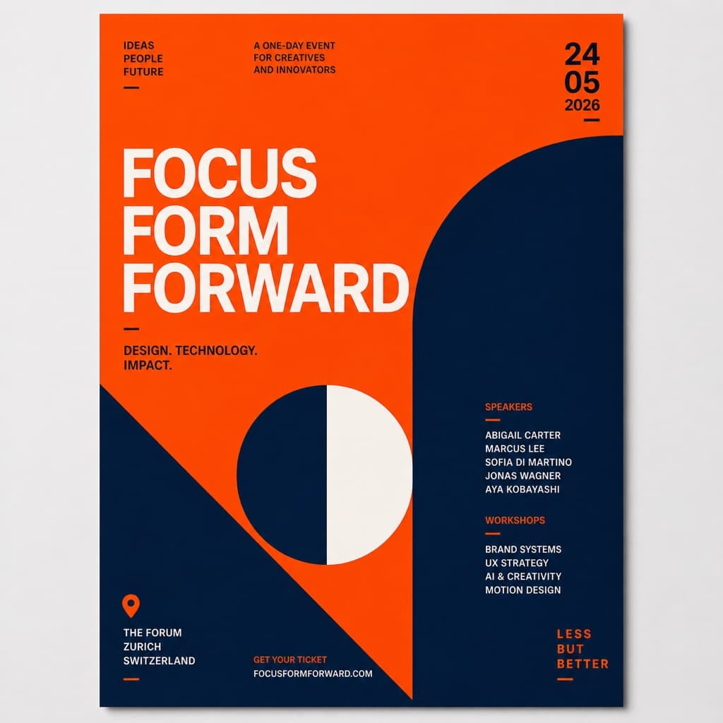 AI-generated image: bold minimalist event poster, abstract geometric shapes, vibrant orange and deep navy, swiss typography vibe