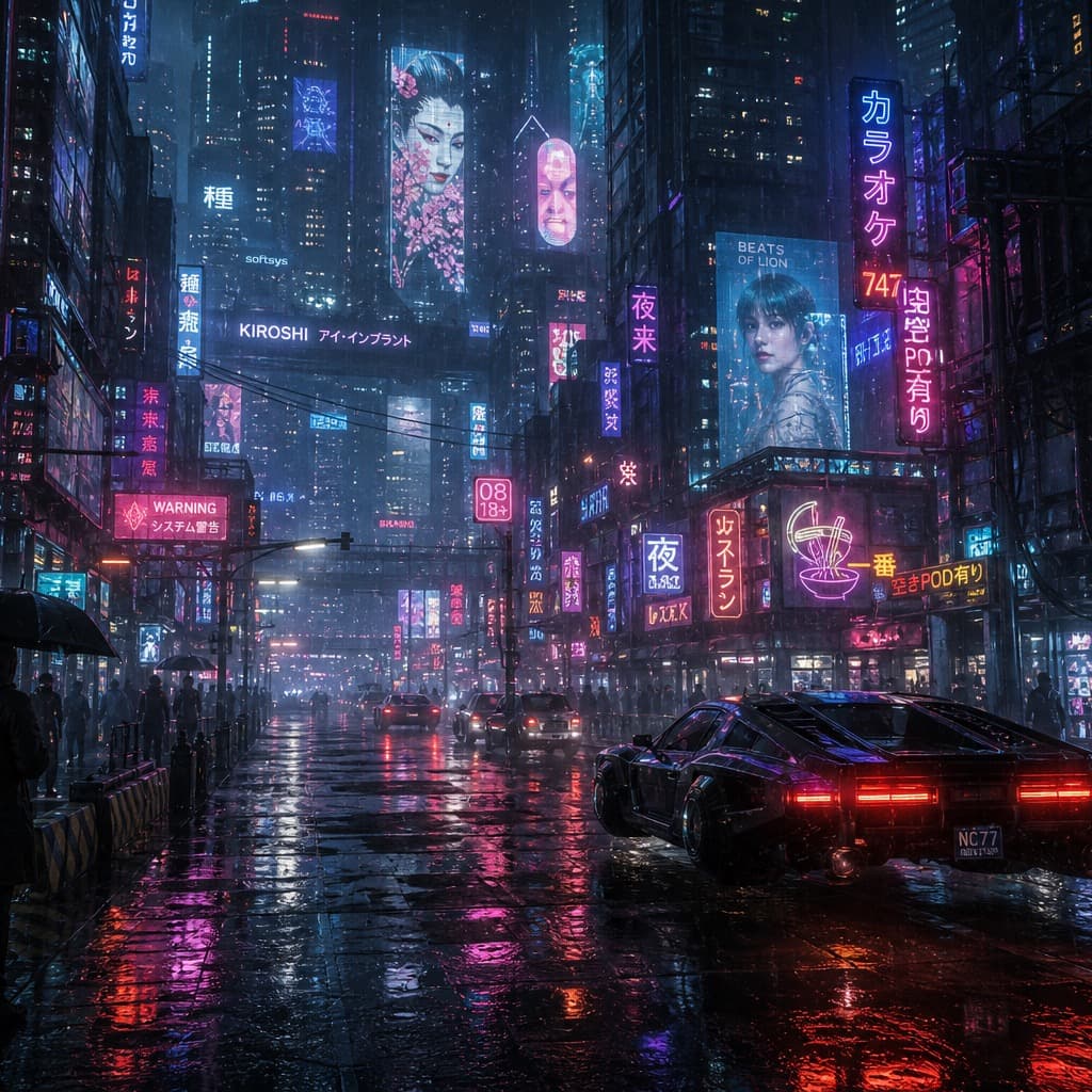 AI-generated image: futuristic cyberpunk street at night, neon signs, rain reflections, blade runner atmosphere